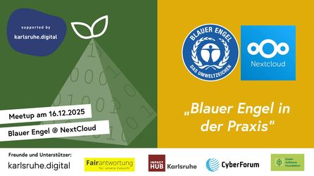 Veranstaltungshinweis auf Green Software Development am 16.12.25 zum Thema Blauer Engel in der Praxis, mit Logo Blauer Engel