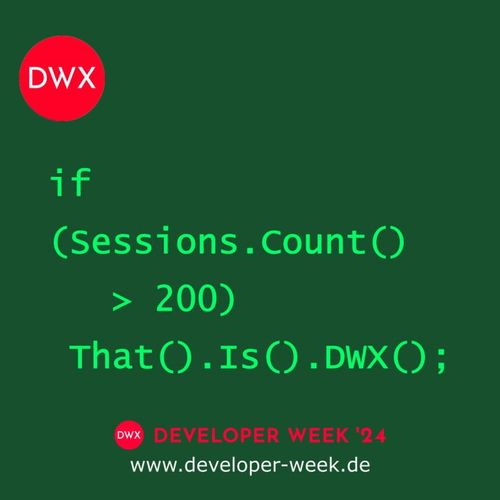Veranstaltungshinweis zur developer week 2024 mit hellgrünem Code auf dunkelgrünem Untergrund
