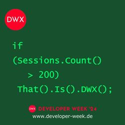 Veranstaltungshinweis zur developer week 2024 mit hellgrünem Code auf dunkelgrünem Untergrund